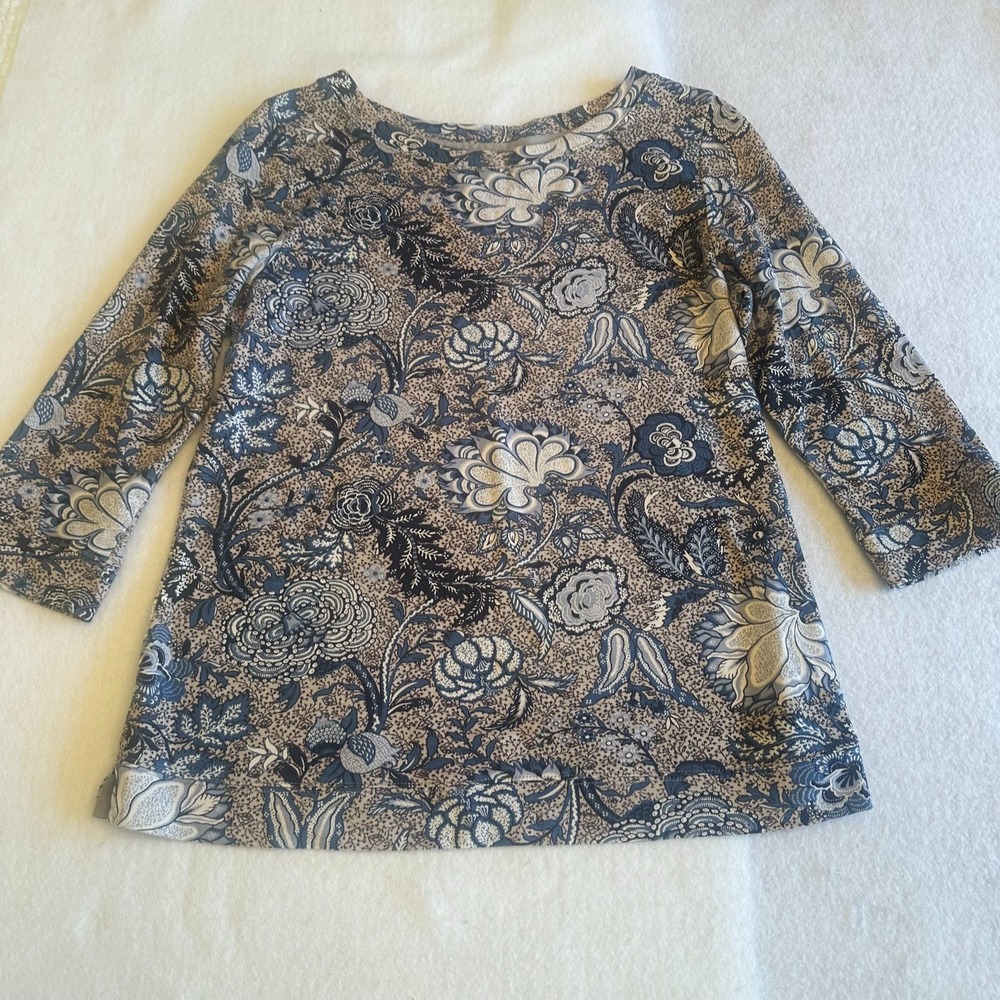 Liz Claiborne Floral Top Womens Size M Blue Beige Paisley Art 3 4 Sleeve Boho